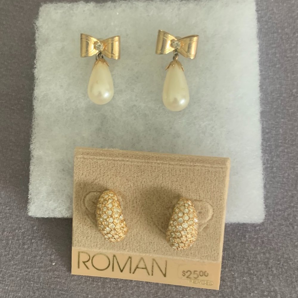 Set of 2 Pierced Earrings - Gold Bow with Pearl Drop/Rhinestone encrusted pave